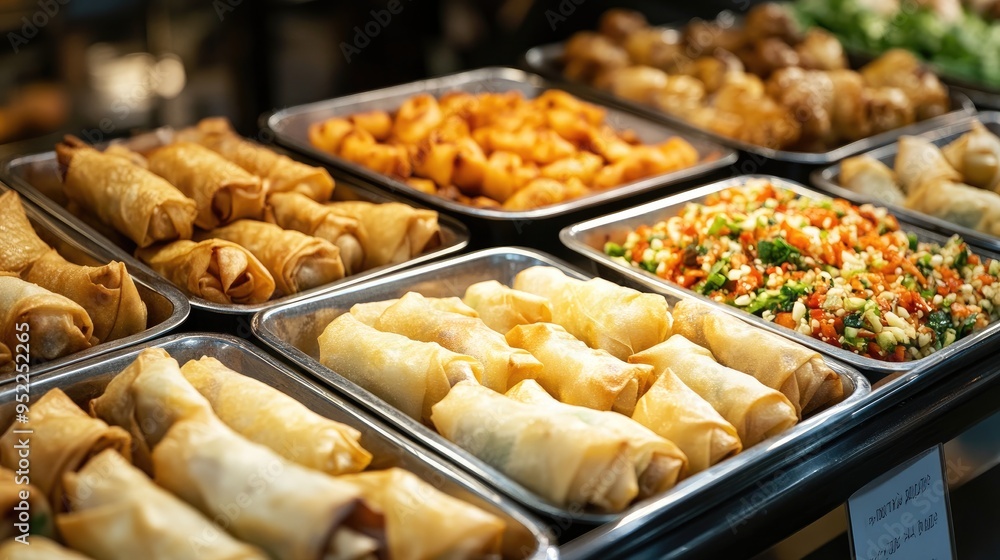A variety of spring rolls, each with a unique filling, displayed on trays, offering a delicious and crunchy appetizer option. A variety of spring rolls, each with a unique filling, displayed on trays, offering a delicious and crunchy appetizer option.