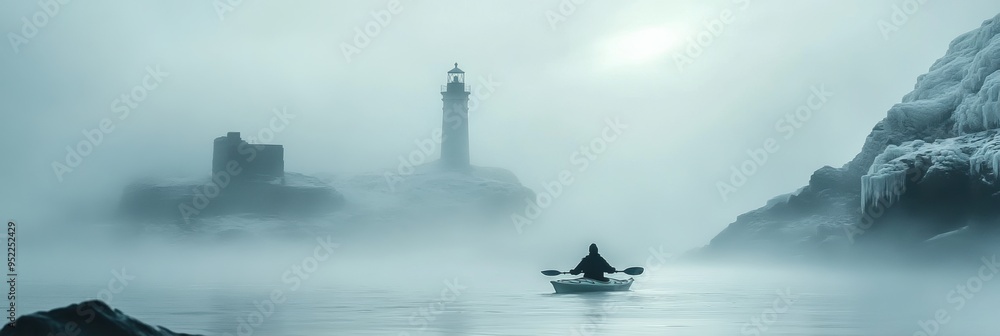 Fototapeta premium A kayaker boating in shallow rocky sea with lighthouse in a foggy day