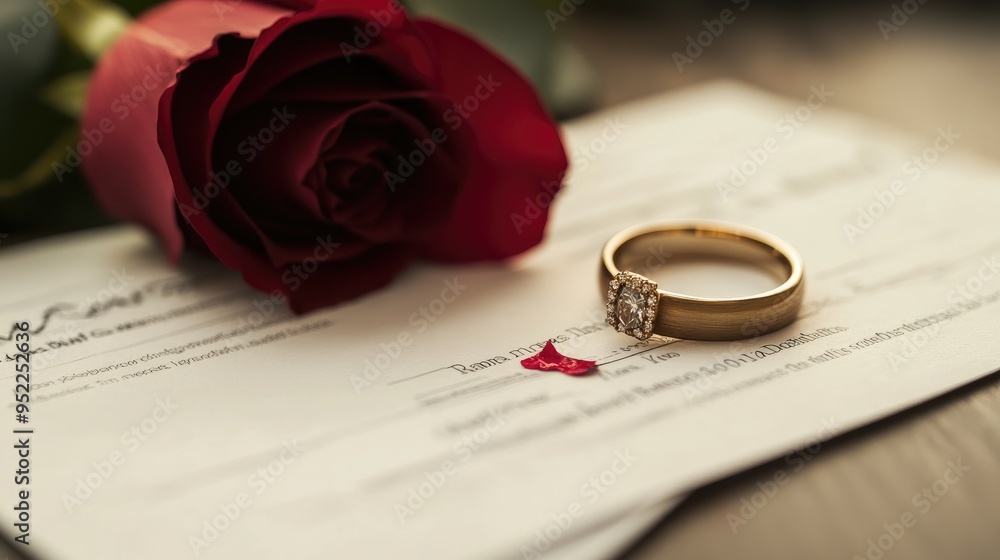 A wedding ring lies on divorce papers, with a broken rose beside it, focusing on the legal and emotional aspects of ending a marriage. A wedding ring lies on divorce papers, with a broken rose beside it, focusing on the legal and emotional aspects of ending a marriage.