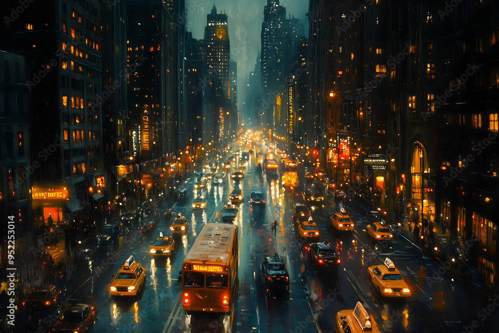 busy city street at night, filled with taxis and buses. The wet pavement reflects the vibrant city lights, while towering skyscrapers loom above, adding to the urban energy. busy city street at night, filled with taxis and buses. The wet pavement reflects the vibrant city lights, while towering skyscrapers loom above, adding to the urban energy.