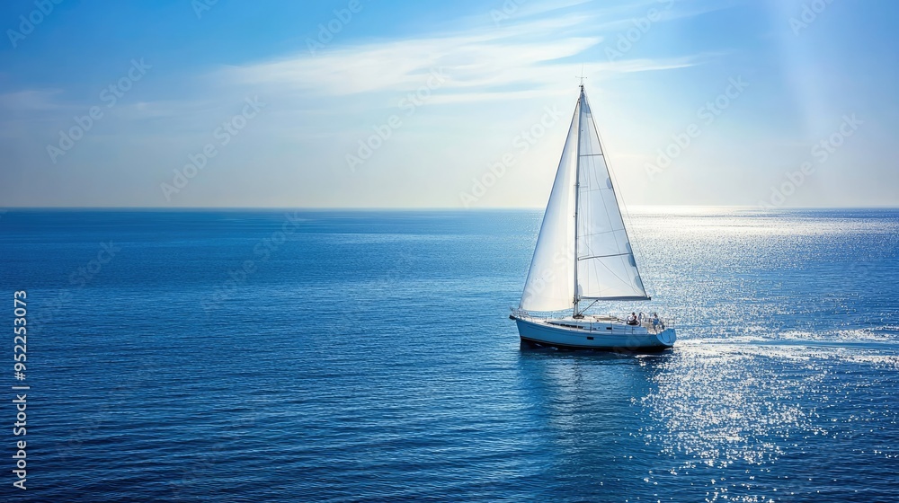 A white sailboat gliding effortlessly across the ocean under a clear blue sky, with calm waters and a gentle breeze.