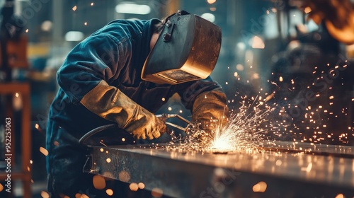 A welder, engulfed in sparks, works on a metal project in a bustling workshop, emphasizing the energy and skill of metal crafting