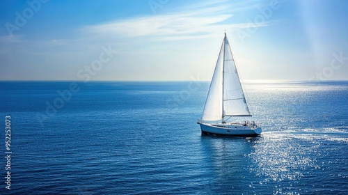 A white sailboat gliding effortlessly across the ocean under a clear blue sky, with calm waters and a gentle breeze.