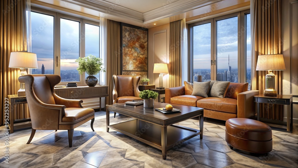 Luxurious textures and muted tones converge in a richly appointed study, where bespoke craftsmanship and golden light combine in a symphony of refinement. Luxurious textures and muted tones converge in a richly appointed study, where bespoke craftsmanship and golden light combine in a symphony of refinement.