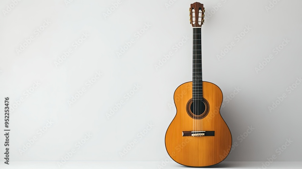 Obraz premium A wooden acoustic guitar standing upright on a white background, with its strings and body clearly visible.