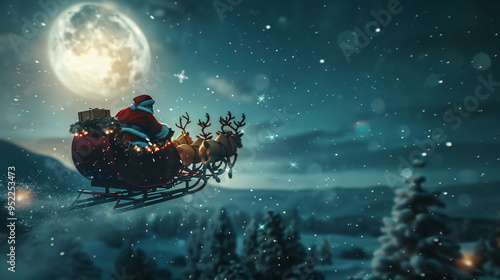 Santa claus flies over snowy mountains with his reindeer sleigh on christmas eve, delivering gifts to children worldwide