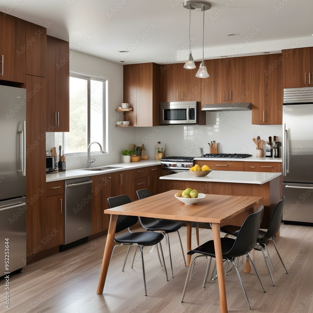 A modern and stylish kitchen with wooden cabinets, stainless steel appliances, and a dining table with chairs. A modern and stylish kitchen with wooden cabinets, stainless steel appliances, and a dining table with chairs.