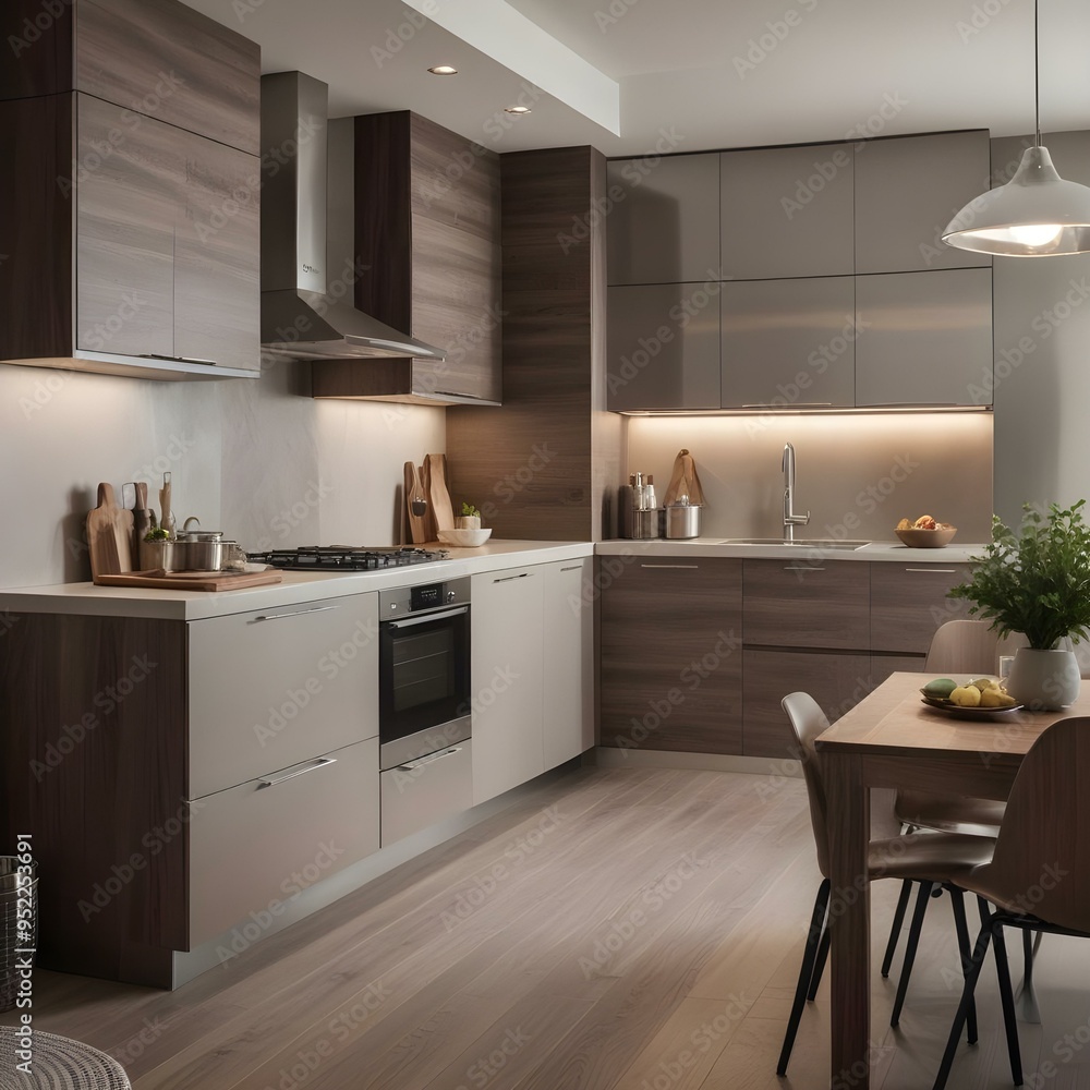 A modern and stylish kitchen with wooden cabinets, stainless steel appliances, and a dining table with chairs. A modern and stylish kitchen with wooden cabinets, stainless steel appliances, and a dining table with chairs.