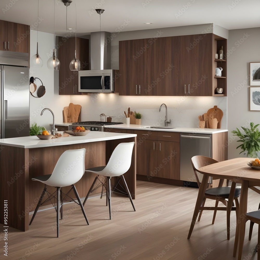 A modern and stylish kitchen with wooden cabinets, stainless steel appliances, and a dining table with chairs. A modern and stylish kitchen with wooden cabinets, stainless steel appliances, and a dining table with chairs.