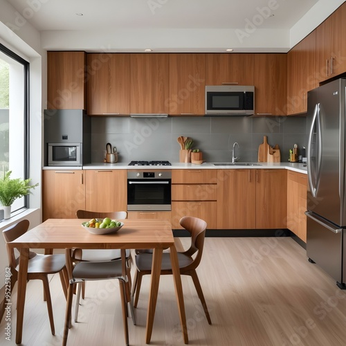 A modern and stylish kitchen with wooden cabinets, stainless steel appliances, and a dining table with chairs.