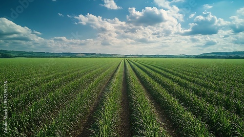 Sugar Cane farm Sugar cane fields view from the sky Drone photo of cane sugar Sugarcane field in blue sky and white cloud Aerial view or top view of Sugarcane or agriculture : Generative AI