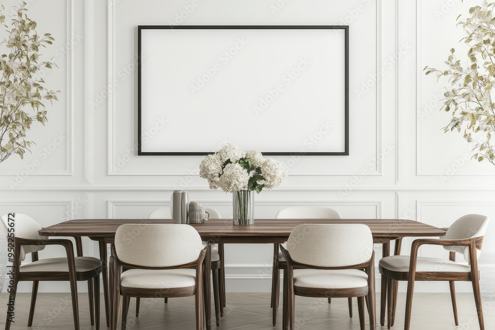 A modern dining room featuring a wooden table with chairs and floral decoration. A modern dining room featuring a wooden table with chairs and floral decoration.