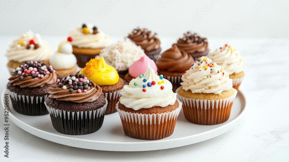 Assorted cupcakes with various toppings on a plate, set against a plain white background, perfect for a bakery display. Assorted cupcakes with various toppings on a plate, set against a plain white background, perfect for a bakery display.
