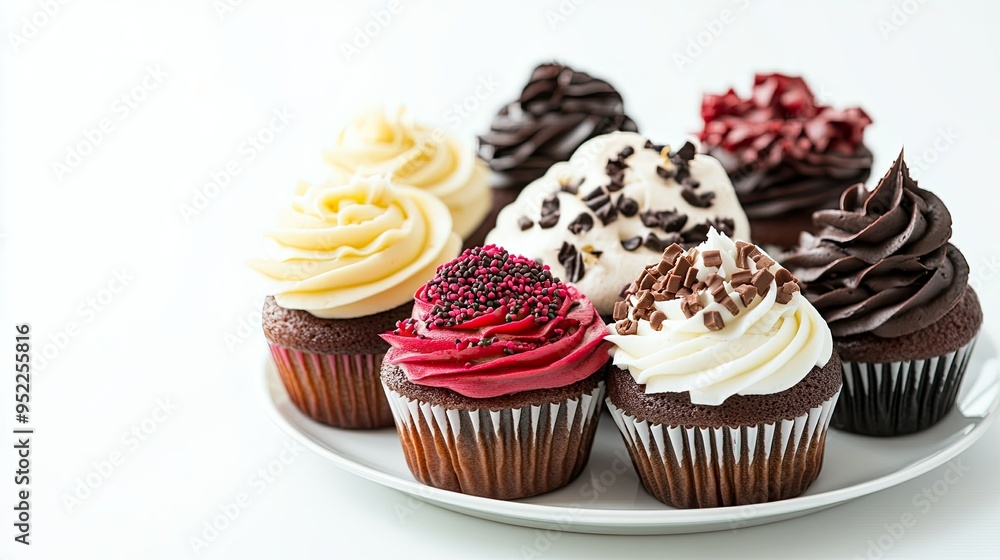 Assorted cupcakes with various toppings on a plate, set against a plain white background, perfect for a bakery display. Assorted cupcakes with various toppings on a plate, set against a plain white background, perfect for a bakery display.