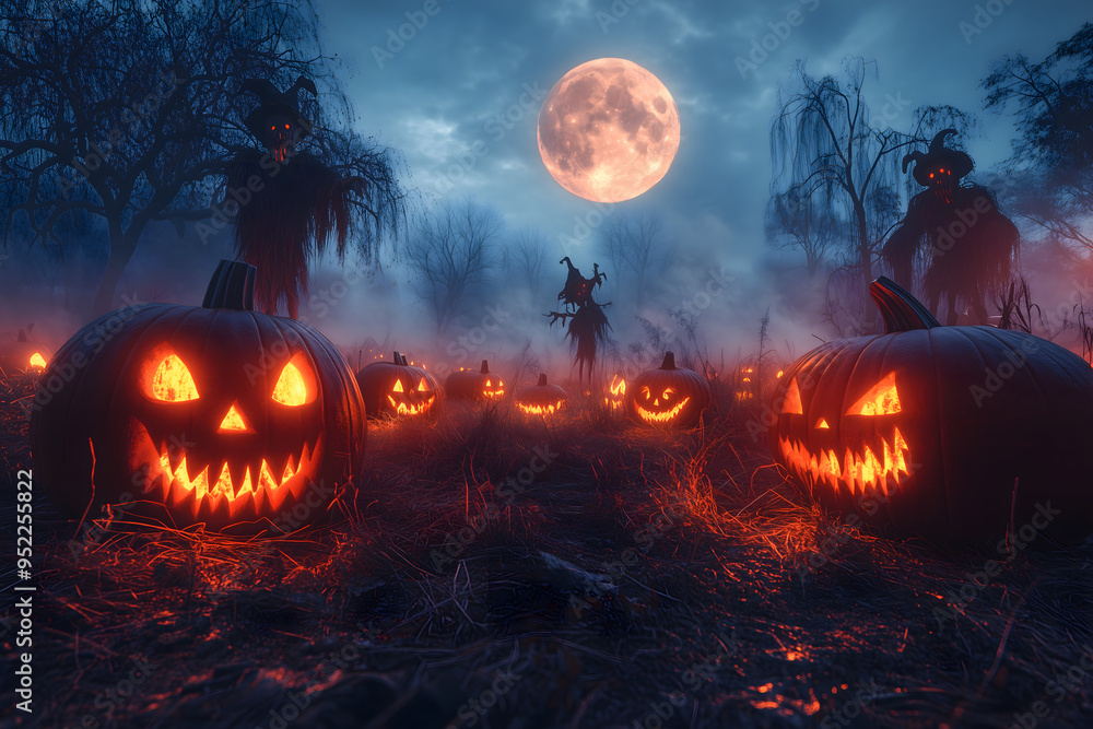 Fototapeta premium spooky pumpkin patch under a full moon, with glowing jack-o'-lanterns scattered across the field. Dark scarecrows loom in the misty, eerie atmosphere, creating a haunting scene.