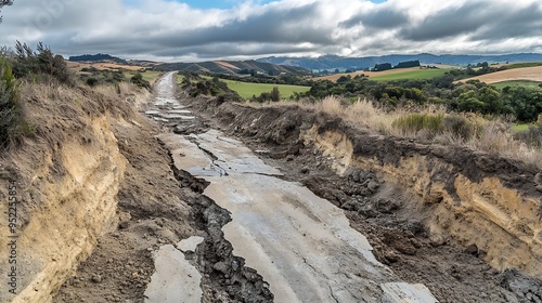 November 15 2016 Massive Cracks have appeared in The Hundalee Hills on Highway One North Canterbury after the 78  Kaikoura Earthquake New Zealand : Generative AI photo