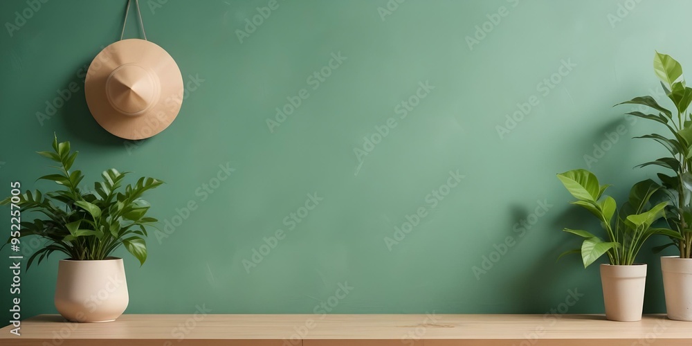 A wooden table or desk with a green wall background and a single leaf or plant on the surface. A wooden table or desk with a green wall background and a single leaf or plant on the surface.