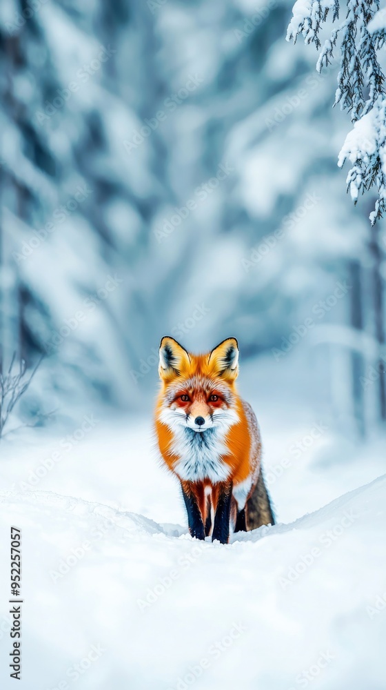 A vibrant red fox walks through a snowy forest, showcasing its striking fur and keen expression against a serene winter backdrop. A vibrant red fox walks through a snowy forest, showcasing its striking fur and keen expression against a serene winter backdrop.