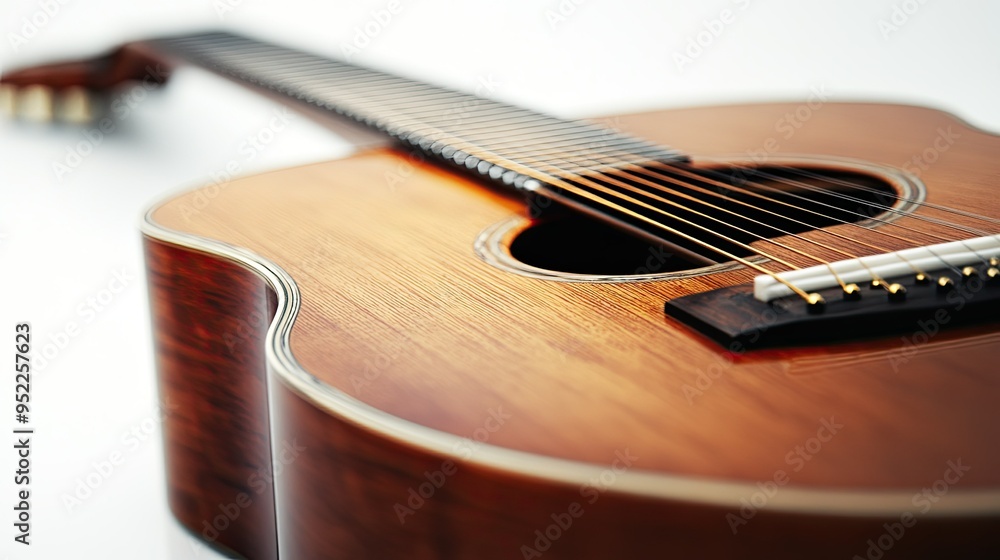Fototapeta premium Close-up of the body of a wooden acoustic guitar, isolated on a clean white background.