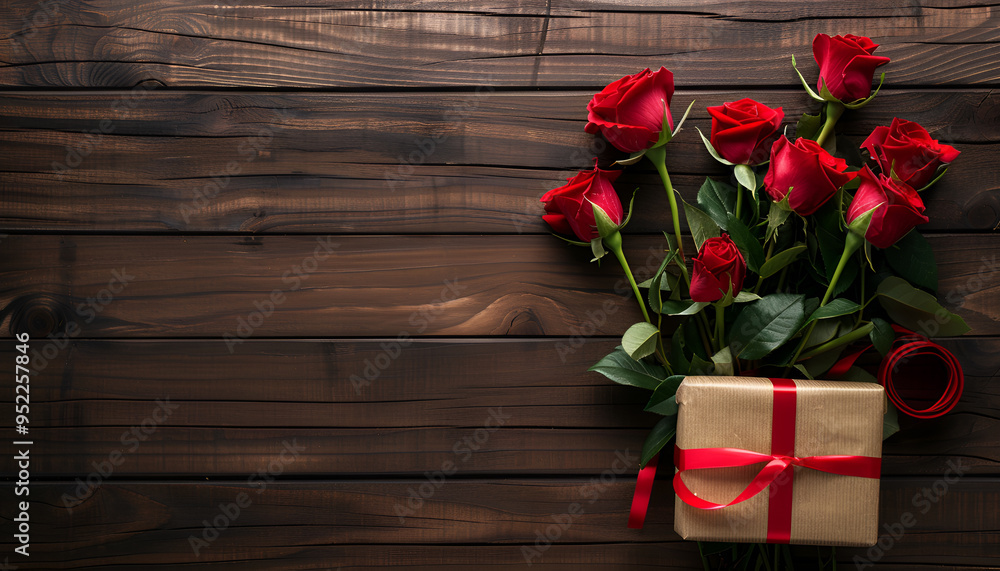 Bouquet of red roses on a dark wooden background. Top view Bouquet of red roses on a dark wooden background. Top view