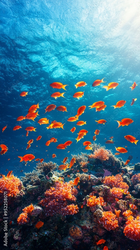 A vibrant underwater scene featuring colorful fish swimming above stunning coral formations in crystal clear ocean water. A vibrant underwater scene featuring colorful fish swimming above stunning coral formations in crystal clear ocean water.