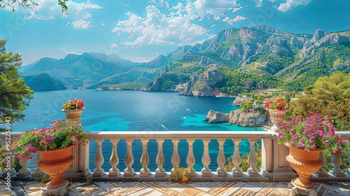 A balcony with a view of the sea and mountains on a sunny day