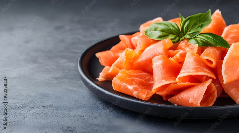 Freshly sliced salmon served on a black plate, garnished with basil leaves, perfect for culinary presentations and delicious recipes. Freshly sliced salmon served on a black plate, garnished with basil leaves, perfect for culinary presentations and delicious recipes.