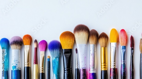 Colorful makeup brushes neatly arranged on a white background, highlighting the variety and style in each brush.