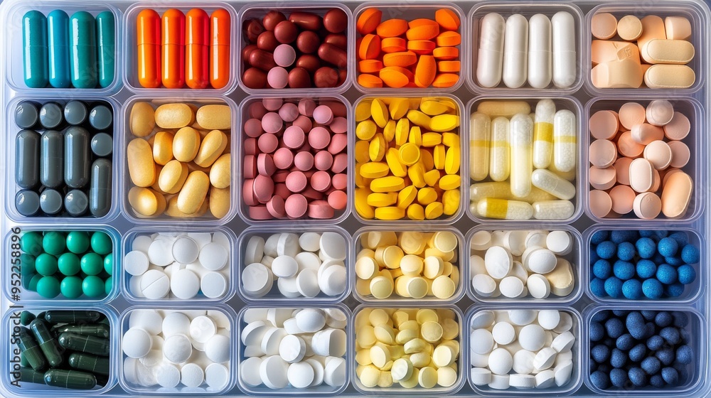 Fototapeta premium neatly organized assortment of multicolored tablets pill box