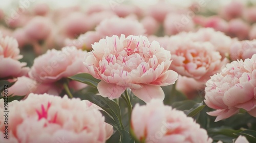 Field of Pink Peonies in Full Bloom, Summer Landscape with Soft Lighting