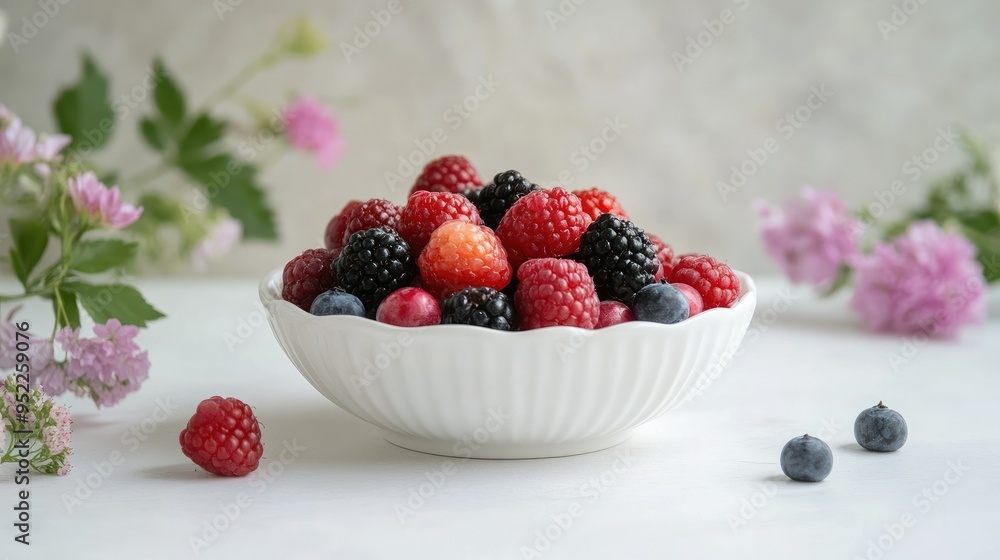 Elegant white ceramic bowl with a variety of berries on a white surface, minimalistic and fresh composition. Elegant white ceramic bowl with a variety of berries on a white surface, minimalistic and fresh composition.