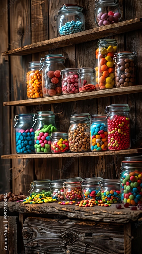A charming arrangement of vibrant candies in jars on a table with a rustic wooden backdrop A charming arrangement of vibrant candies in jars on a table with a rustic wooden backdrop