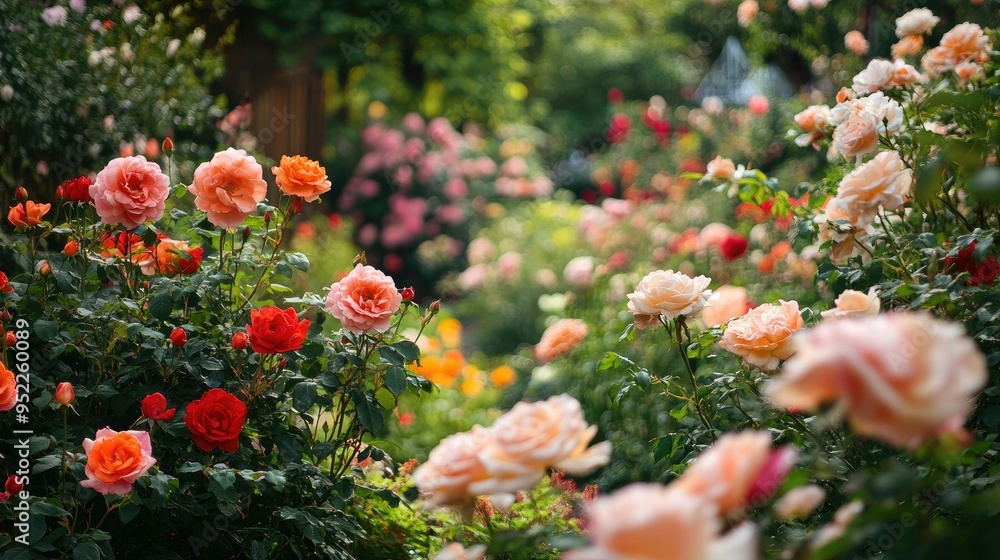 Lush rose bushes in full bloom, filling a romantic garden with vibrant colors and a fragrant aroma. Lush rose bushes in full bloom, filling a romantic garden with vibrant colors and a fragrant aroma.