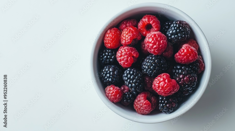 Overhead shot of a white ceramic bowl filled with assorted berries against a clean, white backdrop. Overhead shot of a white ceramic bowl filled with assorted berries against a clean, white backdrop.