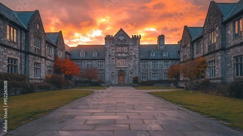 The University of Galway quadrangle at sunset in Ireland amazing architecture and landmark medieval building : Generative AI