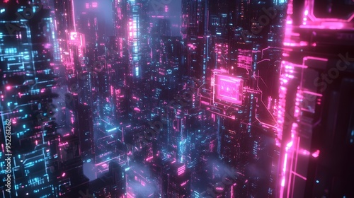 Glowing Futuristic Megalopolis at Night Cyberpunk City Skyline with Illuminated Skyscrapers and Neon Lights