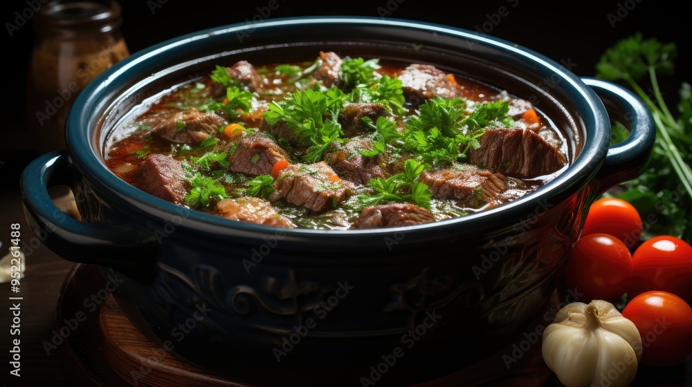 Delicious goulash on table high angle photo