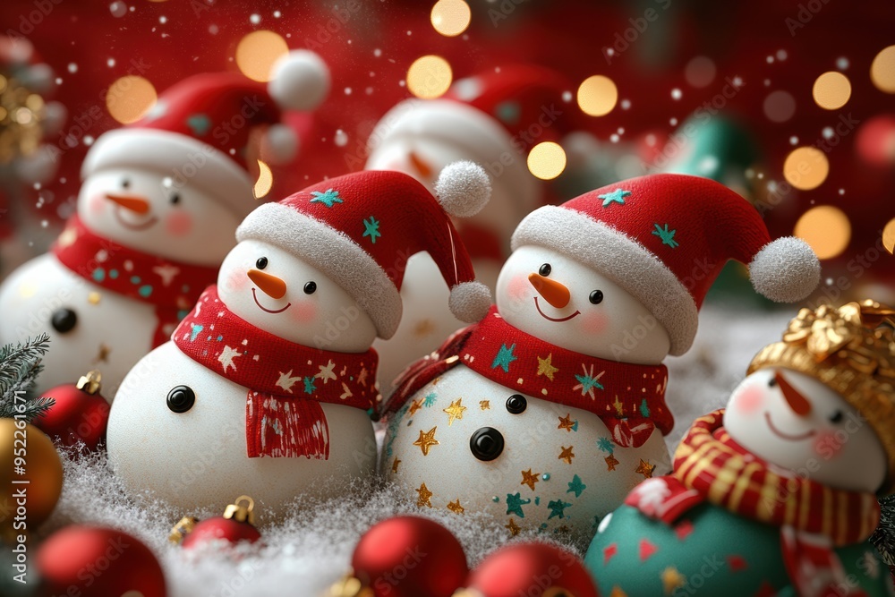 Adorable Snowman Figurines with Santa Hats and Festive Scarves Adorable Snowman Figurines with Santa Hats and Festive Scarves