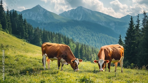 Two brown color cows graze on green grass free of pesticides in mountain meadow on sunny day in Carpathian Mountains Paltinis Romania : Generative AI photo