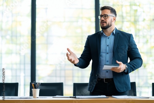 Businessman delivering a presentation in a modern office, showcasing leadership and communication skills.