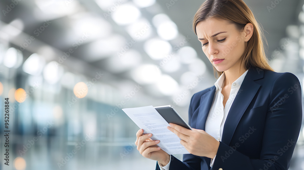 Serious businesswoman reviewing corporate policies on tablet in modern office, focused and engaged in professional environment