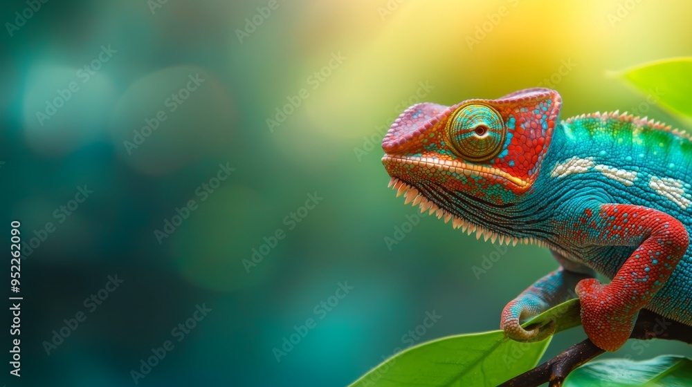 Close-up of a colorful chameleon perched on a leaf, showcasing vibrant scales and intricate details against a blurred background. Close-up of a colorful chameleon perched on a leaf, showcasing vibrant scales and intricate details against a blurred background.