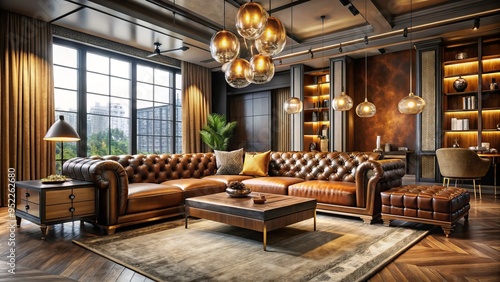 Wallpaper Mural Recycled wood and velvety softness converge in a luxe setting, where industrial and estate styles unite in a warm, golden light, featuring worn leather and polished metals. Torontodigital.ca