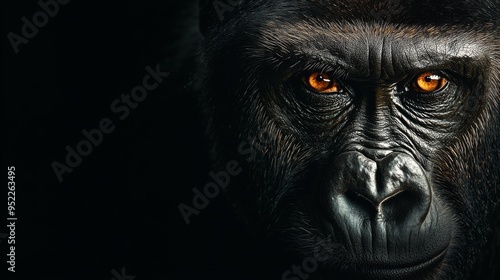 Close-up portrait of a gorilla showcasing its striking features and intense gaze against a dark backdrop.