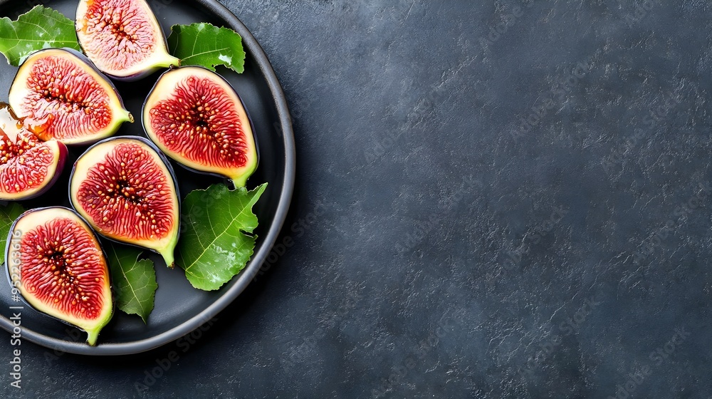 Sliced figs arranged on a dark plate with green leaves, showcasing vibrant colors and textures for culinary and art projects. Sliced figs arranged on a dark plate with green leaves, showcasing vibrant colors and textures for culinary and art projects.