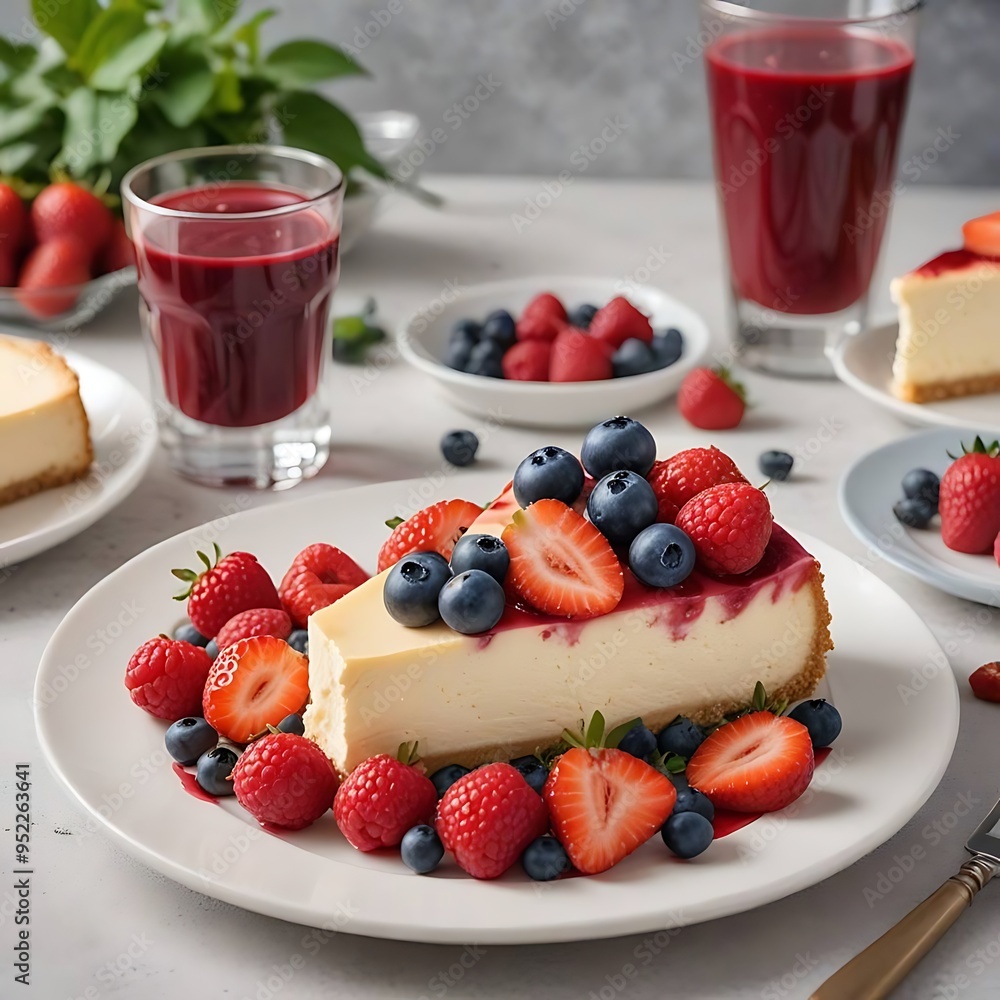 A slice of cheesecake with strawberries, blueberries and raspberries on top of a white plate. A glass of red juice is next to the plate. A slice of cheesecake with strawberries, blueberries and raspberries on top of a white plate. A glass of red juice is next to the plate.