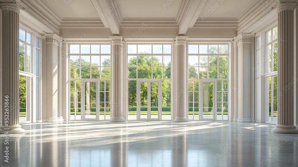 Fototapeta premium empty modern hall room with columns doors and panoramic windows : Generative AI