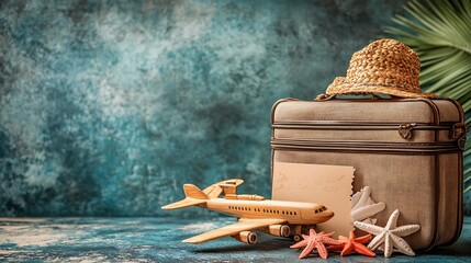 Suitcase with beach accessories travel gift voucher and wooden plane on grunge background closeup : Generative AI