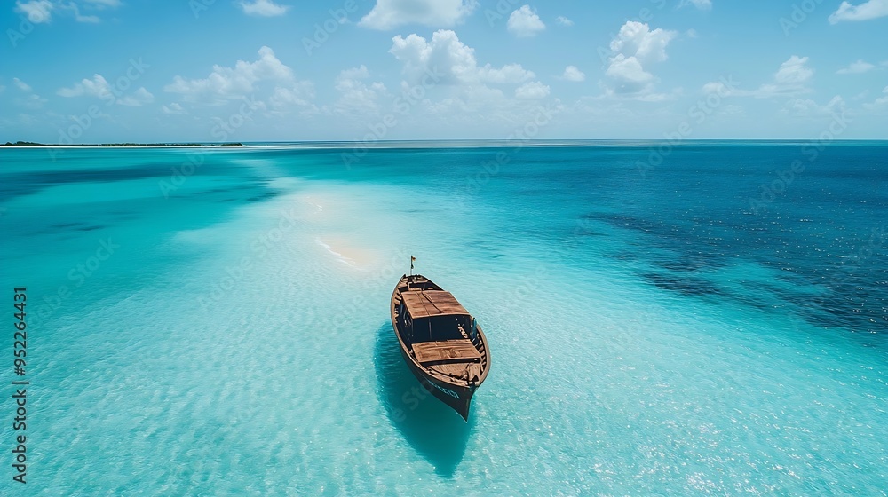 Aerial view of floating boat in transparent azure water on sunny summer day Mnemba island Zanzibar Top view of yacht sandbank in low tide clear blue sea sand sky with clouds Motorboat : Generative AI Aerial view of floating boat in transparent azure water on sunny summer day Mnemba island Zanzibar Top view of yacht sandbank in low tide clear blue sea sand sky with clouds Motorboat : Generative AI