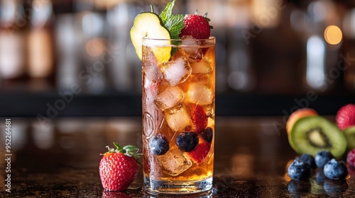 Refreshing Classic Pimm's Cup Cocktail with Colorful Fruit Garnish on a Sunny Day photo